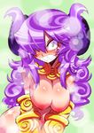  angry bad_id bad_pixiv_id blush breasts cleavage elbow_gloves full-face_blush gloves hair_over_one_eye highres horns ichi_(ichikai) jewelry large_breasts long_hair necklace nipples nise_maou_kanizeru nude purple_hair sharp_teeth solo spanked steam tears teeth v_arms yuusha_to_maou 