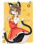  animal_ears bespectacled bike_shorts brown_hair cat_ears cat_tail chen glasses hat jewelry looking_at_viewer multiple_tails nabeshima_tetsuhiro one_eye_closed paw_pose short_hair single_earring smile solo tail touhou yellow_eyes 