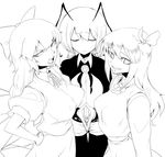  antennae bow breasts cirno closed_eyes greyscale hair_bow insect_girl large_breasts monochrome multiple_girls older rumia sharp_teeth space_jin teeth touhou wriggle_nightbug 