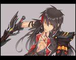  armor bad_id bad_pixiv_id black_armor black_hair daizu_yan elsword gloves grey_background jewelry long_hair male_focus mechanical_arm multicolored_hair muscle necklace raven_(elsword) red_hair serious solo streaked_hair sword two-tone_hair veteran_commander_(elsword) weapon yellow_eyes 