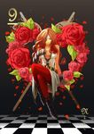  armor beatrix belt breasts brown_hair checkered checkered_floor cleavage crossed_legs drill_hair eyepatch final_fantasy final_fantasy_ix flower full_body heart highres holixholi large_breasts long_hair one-eyed pantyhose petals red_legwear rose rose_petals sitting sleeveless solo 