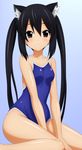  absurdres animal_ears bare_shoulders black_hair blush breasts brown_eyes cat_ears collarbone competition_school_swimsuit gradient gradient_background highres k-on! long_hair medium_breasts nakano_azusa one-piece_swimsuit school_swimsuit sitting smile solo sugimura_tomokazu swimsuit twintails 