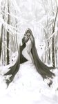  cloak empty_eyes forest highres hood ikeda_masateru kneeling long_hair looking_at_viewer monochrome naked_cloak nature navel original snow solo white_wolf winter wolf 