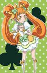  8041mm boots bow brown_eyes brown_hair choker club_(shape) cure_rosetta dokidoki!_precure double_bun flower full_body green_background green_choker hair_flower hair_ornament hands_together knee_boots long_hair magical_girl own_hands_together polka_dot polka_dot_background precure puffy_sleeves ribbon skirt solo twintails yotsuba_alice 