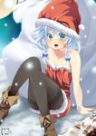  :d bare_shoulders black_legwear blue_eyes blush boots bow braid collarbone full_moon hair_bow hat highres izayoi_sakuya maid maid_headdress moon nigo_(aozoragarou) open_mouth pantyhose sack santa_hat silver_hair sitting smile snow snowing solo thighband_pantyhose touhou twin_braids 