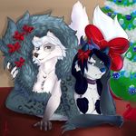  2012 angry anthro arm_support black_nose blue_hair blue_nose bow breasts brown_eyes canine choker christmas christmas_tree cleavage clothed clothing decoration decorations female fluffy_tail fox frown fur hair hair_bow happy holding holidays horn humor kaci kacifox long_hair looking_at_viewer lying mammal naturally_censored nude on_floor on_stomach open_mouth ornament purple_eyes shariea shariea_(character) short_hair signature smile spots tail_bow tree white_hair 