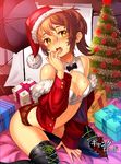  banned_artist bare_shoulders blush boots bow breasts brown_hair christmas_tree copyright_name furyou_michi_~gang_road~ gift hat looking_at_viewer medium_breasts santa_hat short_shorts shorts solo star sweat thigh_boots thighhighs xil yellow_eyes 