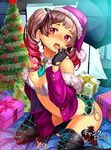  banned_artist bare_shoulders blush boots bow breasts brown_hair christmas_tree copyright_name cuffs drill_hair fingerless_gloves furyou_michi_~gang_road~ gift gloves hair_bow handcuffs hat looking_at_viewer medium_breasts necktie open_mouth red_eyes santa_hat solo star sweat thigh_boots thighhighs tongue twin_drills twintails umbrella xil 