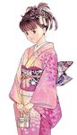  absurdres bangs brown_eyes brown_hair eyebrows_visible_through_hair hair_ornament highres holding i&quot;s japanese_clothes katsura_masakazu kimono looking_at_viewer obi official_art sash smile solo wide_sleeves yoshizuki_iori 