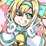  +_+ :p arc_system_works bell blazblue blazblue:_continuum_shift blonde_hair gloves green_eyes heart heart-shaped_pupils luna_(blazblue) magical_girl multiple_personalities platinum_the_trinity quad_tails symbol-shaped_pupils tongue tongue_out v 