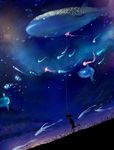  arm_at_side arm_up black_hair cloud clownfish dusk dutch_angle fish floating_hair flying_fish from_side grass highres holding jellyfish kite long_hair meadow megatruh night night_sky original outdoors profile running scenery sky star star_(sky) starry_sky string sunfish surreal 