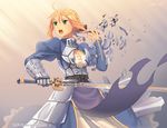  ahoge armor armored_dress artoria_pendragon_(all) blonde_hair breasts broken caliburn cleavage cleavage_cutout dav-19 dress fate/stay_night fate_(series) gauntlets green_eyes hair_ribbon medium_breasts ribbon saber shattering solo sword watermark weapon web_address 