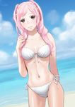  arm_behind_back beach bikini black_eyes breasts cleavage female_my_unit_(fire_emblem:_kakusei) fire_emblem fire_emblem:_kakusei front-tie_top frown lilianess long_hair looking_at_viewer medium_breasts my_unit_(fire_emblem:_kakusei) navel pink_hair shiny shiny_skin side-tie_bikini solo swimsuit twintails 