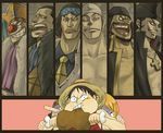  1girl 2boys 6+boys 6boys bandanna beard black_hair bone_meat buggy_the_clown cigar crying dracule_mihawk eating enel facial_hair food hat hiding jewelry kuzan_(akoiji) kuzan_(aokiji) lowres male marine marshall_d_teach meat missing_teeth monkey_d_luffy multiple_boys mustache nami nami_(one_piece) necklace necktie one_piece pirate red_vest scar shichibukai sir_crocodile sleep_mask straw_hat tricorn tricorne usopp vest yellow_eyes 