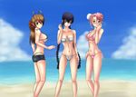  3girls ass beach bikini bra breasts brown_hair busujima_saeko glasses highres highschool_of_the_dead large_breasts long_hair miyamoto_rei multiple_girls panties pink_hair purple_hair saw_(artist) shorts smile standing swimsuit takagi_saya thong twintails underwear yellow_eyes 