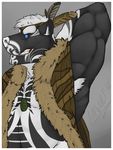  amwulf armpit_hair armpits biceps big_muscles black_fur blue_eyes clenched_teeth feathers flexing fur grin hair male mammal muscles necklace necklaces pecs skunk solo tattoo teeth tribal white_fur white_hair white_nose 
