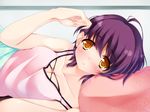  ahoge blush breasts collarbone looking_at_viewer lying medium_breasts on_side orange_eyes original purple_hair rayn short_hair solo 