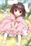  :3 :d animal_ears barefoot blush brown_hair bunny bunny_ears carrot child dress inaba_tewi looking_at_viewer open_mouth red_eyes short_hair sitting smile solo torii_sumi touhou 