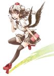  :d abo_(hechouchou) black_legwear brown_hair dress geta hat heart looking_at_viewer low_wings notebook open_mouth pen pointy_ears red_eyes shameimaru_aya skirt smile solo thighhighs tokin_hat touhou v wings zettai_ryouiki 