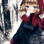  alice_margatroid alternate_costume bad_id bad_pixiv_id bare_tree blonde_hair blue_eyes blush coat hairband hood looking_at_viewer mittens shimakoma snowing solo touhou tree 