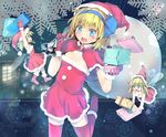  alice_margatroid alice_margatroid_(pc-98) arms_up blonde_hair blue_eyes blue_hairband blush capelet culter doll_joints dress gift gloves hairband hat holding open_mouth red_legwear sack santa_hat shanghai_doll short_hair solo thighhighs touhou touhou_(pc-98) wings 