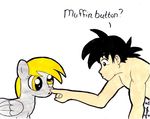  anagha_(artist) blonde_hair clothed clothing color colored cute derpy_hooves_(mlp) dragon_ball dragon_ball_z duo english_text equine female feral friendship_is_magic goku hair half-dressed horse humor mammal my_little_pony pegasus plain_background poke poking pony text topless white_background wings yellow_eyes 