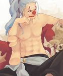  1boy abs blue_hair buggy_the_clown chin_rest clown clown_nose crossbones detached disembodied_limb dismembered lipstick long_hair makeup male male_focus monster_boy one_piece ponytail red_nose sash sitting skull solo topless 