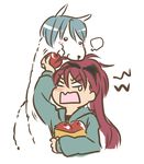  alpaca animalization apple bag blue_hair bow casual eating eating_hair food fruit fur hair_bow hood hoodie mahou_shoujo_madoka_magica miki_sayaka mukiki paper_bag ponytail red_hair sakura_kyouko 