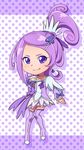  1girl boots bow chibi choker cure_sword dokidoki!_precure hair_ornament hairpin kenzaki_makoto magical_girl polka_dot polka_dot_background ponytail precure purple purple_background purple_choker purple_eyes purple_footwear purple_hair purple_legwear purple_skirt ribbon short_hair skirt smile solo spade_(shape) spade_hair_ornament thigh_boots thighhighs 