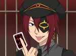  bars card earrings eyepatch fangs hat heart_no_kuni_no_alice holding holding_card jewelry joker_(kuni_no_alice) male_focus necktie red_hair sharp_teeth solo sutty_(st) teeth tongue 