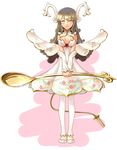 arms blush breasts brown_hair cleavage closed_eyes closed_mouth detached_sleeves dress facing_viewer fake_wings feet_together floral_print flower forked_tail full_body hair_ornament holding holding_spoon katahira_masashi legs long_hair medium_breasts original personification rose shoes shoulder_pads simple_background smile solo spoon standing tail tongue white_background white_dress white_footwear white_legwear wings 