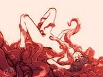  barefoot black_eyes black_hair blush breasts consensual_tentacles feguimel lying medium_breasts moderate_pubic_hair nipples nude on_back original pubic_hair red short_hair smile solo tentacles white_background 