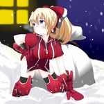  black_legwear blonde_hair blue_eyes blush chawa_(yossui009) christmas earrings hand_on_ass highres jewelry kneeling long_hair mittens original ponytail sack snow snowing snowman_earrings solo thighhighs 