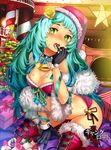  aqua_hair banned_artist bare_shoulders bell black_gloves blush boots breasts christmas_tree copyright_name cream flower furyou_michi_~gang_road~ gift gloves green_hair hair_flower hair_ornament hat long_hair looking_at_viewer medium_breasts open_mouth santa_hat sitting solo star thigh_boots thighhighs xil 
