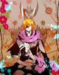  3boys alice_liddell animal_ears axe bad_id bad_pixiv_id bandages belt blood bunny_ears chain clock coat cup elliot_march flower grin heart_no_kuni_no_alice hirota_yoda long_hair long_sleeves multiple_boys orange_hair purple_eyes scarf siblings smile teacup tweedle_dee tweedle_dum twins weapon 