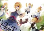  :d alice_margatroid apron belt blonde_hair blue_eyes book bow clarinet cymbals dutch_angle flying hair_bow hairband holding hourai_doll instrument looking_at_viewer music nanahara_fuyuki open_book open_mouth playing_instrument ponytail shanghai_doll short_hair smile solo thighhighs touhou trombone violin waist_apron white_legwear 