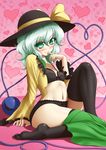  absurdres black_bra black_legwear black_panties blush bra finger_to_mouth green_eyes green_hair hat hat_ribbon heart heart_background highres komeiji_koishi leg_up mazume navel no_pants open_clothes open_shirt panties ribbon shirt sitting skirt skirt_around_one_leg smile solo thighhighs third_eye touhou underwear 