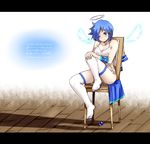  bad_id bad_pixiv_id blue_eyes blue_hair blush detached_wings feet_on_chair halo letterboxed m.u.g.e.n no_shoes one_eye_closed oso_(toolate) sitting solo thighhighs underwear wings 