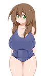  bad_id bad_pixiv_id breasts brown_hair curvy green_eyes huge_breasts kaz_(shade) long_hair makihara_nodoka one-piece_swimsuit original school_swimsuit simple_background solo standing swimsuit thighs white_background 