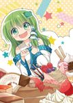  bare_shoulders cake food frog_hair_ornament green_eyes green_hair hair_ornament hair_tubes heart heart-shaped_pupils kochiya_sanae long_hair miyamaki pocky saliva smile snake_hair_ornament solo star symbol-shaped_pupils tears touhou 