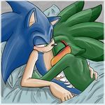  anthro avian beak bed blush carriepika_(artist) chest_tuft couple cuddling cute duo eyes_closed fur gay green_body green_eyes hawk hedgehog hug jet_the_hawk lying male mammal sega smile sonic_(series) sonic_riders sonic_the_hedgehog tuft 