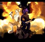  black_fur black_nose canine clothed clothing eyes_closed feline fire fur grey_fur guitar hair half-dressed looking_at_viewer male mammal muscles music necklace no_swift pecs pose purple_hair shorts singing topless white_fur yellow_eyes 