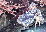  absurdres cherry_blossoms hat heiqi_(sharpface) highres japanese_clothes lantern long_hair petals pink_eyes pink_hair reflection ripples rock saigyouji_yuyuko sash sitting smile solo touhou tree triangular_headpiece water wide_sleeves 