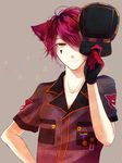  animal_ears baa_lamb bad_id bad_pixiv_id badge boris_airay cat_ears catboy ear_piercing gloves hair_over_one_eye hat heart_no_kuni_no_alice jewelry male_focus piercing pink_hair smile solo tattoo yellow_eyes 