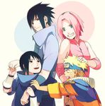  3boys arm_warmers blonde_hair blue_eyes clenched_teeth couple family green_eyes grin hairband haruno_sakura headband hetero long_sleeves looking_at_viewer multiple_boys naruto naruto_(series) oba-min pink_hair short_hair smile spiked_hair teeth time_paradox uchiha_itachi uchiha_sasuke uzumaki_naruto 