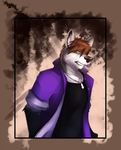  black_nose brown_hair canine clenched_teeth clothing fur grey_fur hair male mammal necklace no_swift solo teeth white_fur 