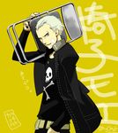  bandaid belt blonde_hair bullet chair earrings folding_chair grey_eyes grin houndstooth jacket_on_shoulders jewelry jolly_roger katamichitaka long_sleeves looking_at_viewer male_focus necklace open_mouth pants persona persona_4 scar school_uniform signature simple_background smile solo tatsumi_kanji translated yellow_background 