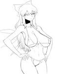  alternate_breast_size alternate_hair_length alternate_hairstyle bad_id bad_pixiv_id bikini bow breasts cirno greyscale hair_bow hands_on_hips huge_breasts ice ice_wings long_hair monochrome navel older sagging_breasts sideboob solo space_jin swimsuit touhou underboob wings 