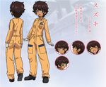  ^_^ blue_eyes brown_footwear brown_hair character_sheet closed_eyes concept_art dark_skin expressions girls_und_panzer gloves jumpsuit long_sleeves mechanic multiple_views official_art open_mouth shirt shoes short_hair smile standing sugimoto_isao suzuki_(girls_und_panzer) white_gloves white_shirt 