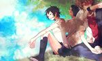  2boys bag baseball black_hair black_legwear blue_sky brown_hair closed_eyes cloud day dress_shirt grin kneehighs konno_makoto mamiya_chiaki multiple_boys on_grass outdoors pleated_skirt school_uniform shirt short_hair sitting skirt sky smile toki_wo_kakeru_shoujo tree tsuda_kousuke under_tree wristband yamako_(state_of_children) 